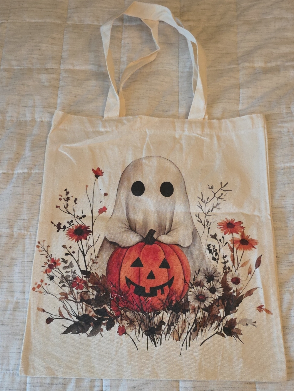 Halloween Ghost Tote Bag with Pumpkin and Floral Print - Cream